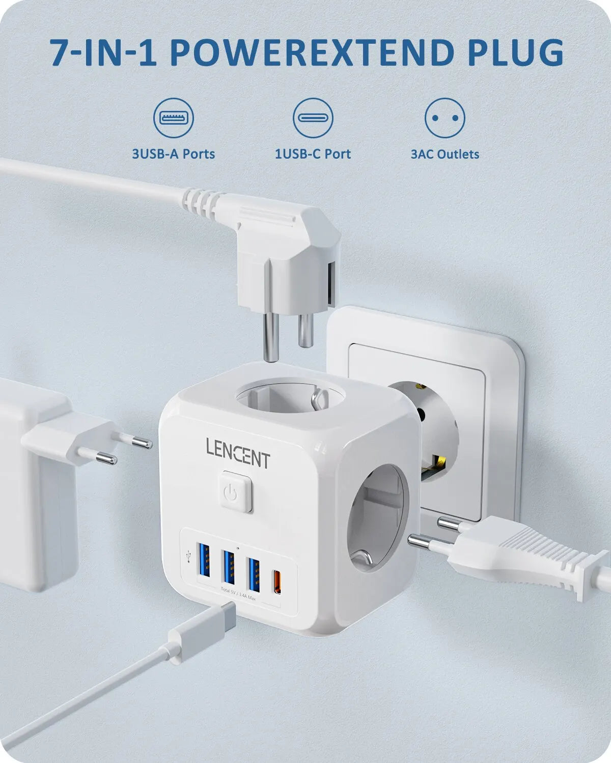 Wall Socket Extender with 3 AC Outlets 3 USB Ports And1 Type C 7-In-1 EU Plug Charger On/Off Switch for Home