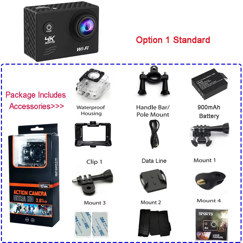 Action Camera Q1 Ultra HD 4K30FPS 16.0MP Wi-Fi 2.0" Screen 170D DVR Webcam Underwater 30M Helmet Video Recording Sport Camera