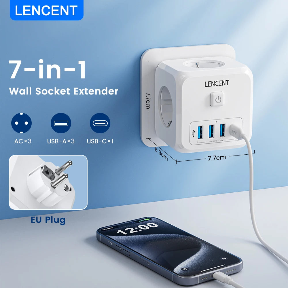 Wall Socket Extender with 3 AC Outlets 3 USB Ports And1 Type C 7-In-1 EU Plug Charger On/Off Switch for Home