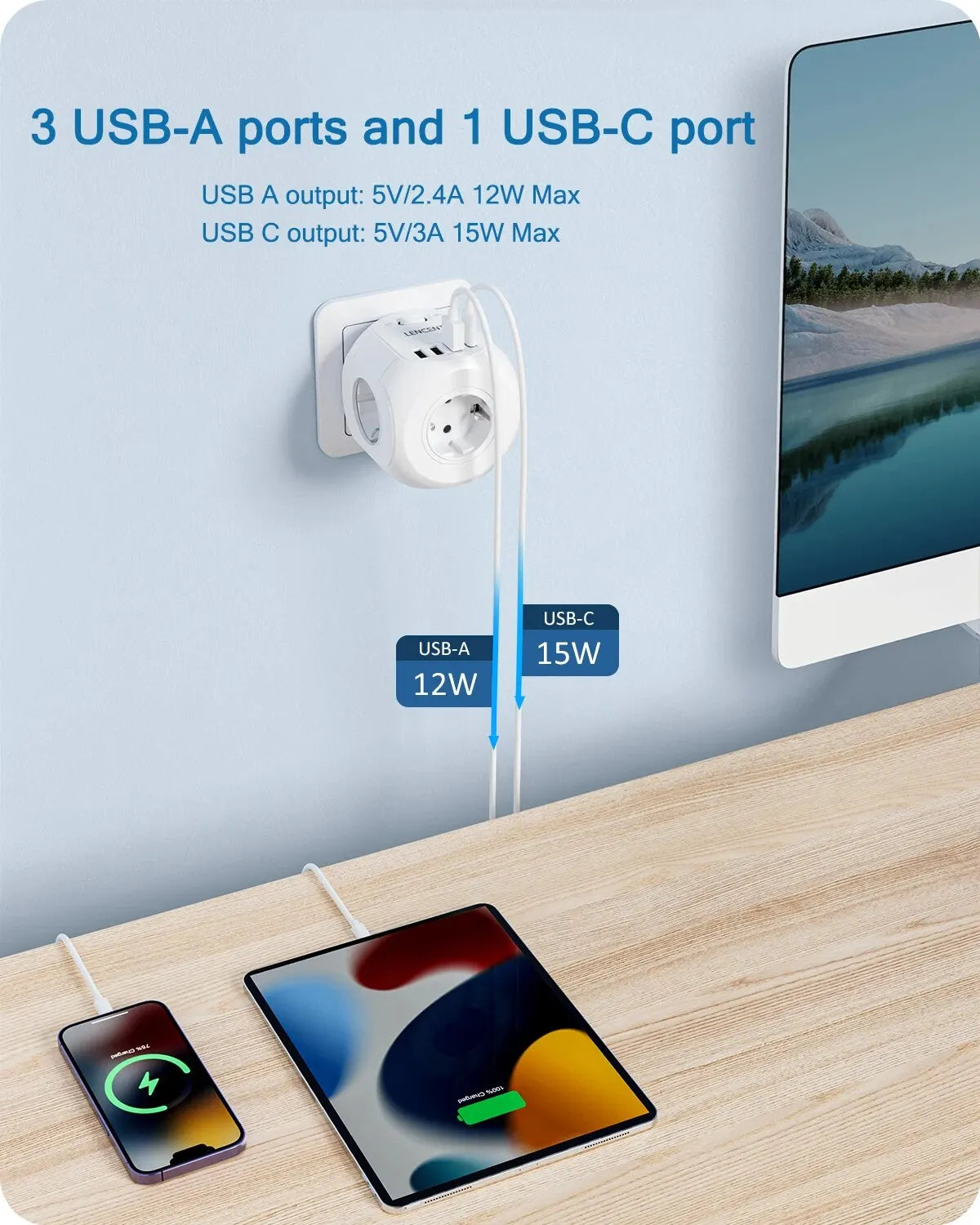 EU Plug Wall Socket Extender with 4 AC Outlets+3 USB +1 Type C 5V/3A Charger Adapter 8-In-1 Socket On/Off Switch