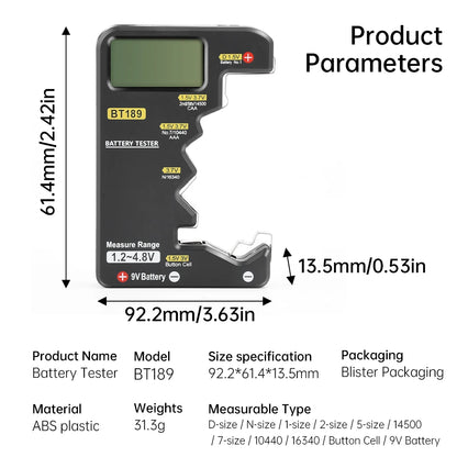 BT189 Ultra-Small Battery Tester 9V AAAAA Button Cell Universal Household LCD Digital Display Battery Tester Power Bank Detector