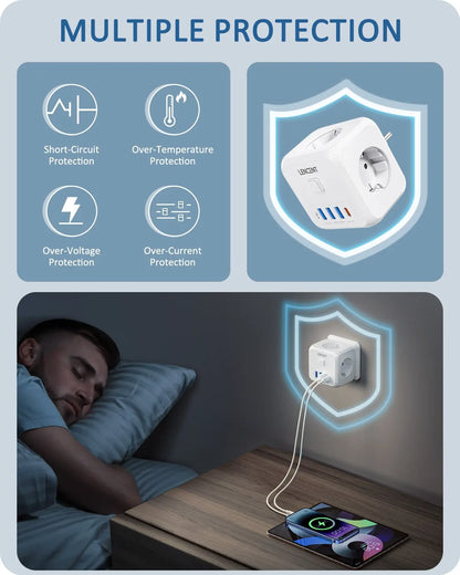 Wall Socket Extender with 3 AC Outlets 3 USB Ports And1 Type C 7-In-1 EU Plug Charger On/Off Switch for Home