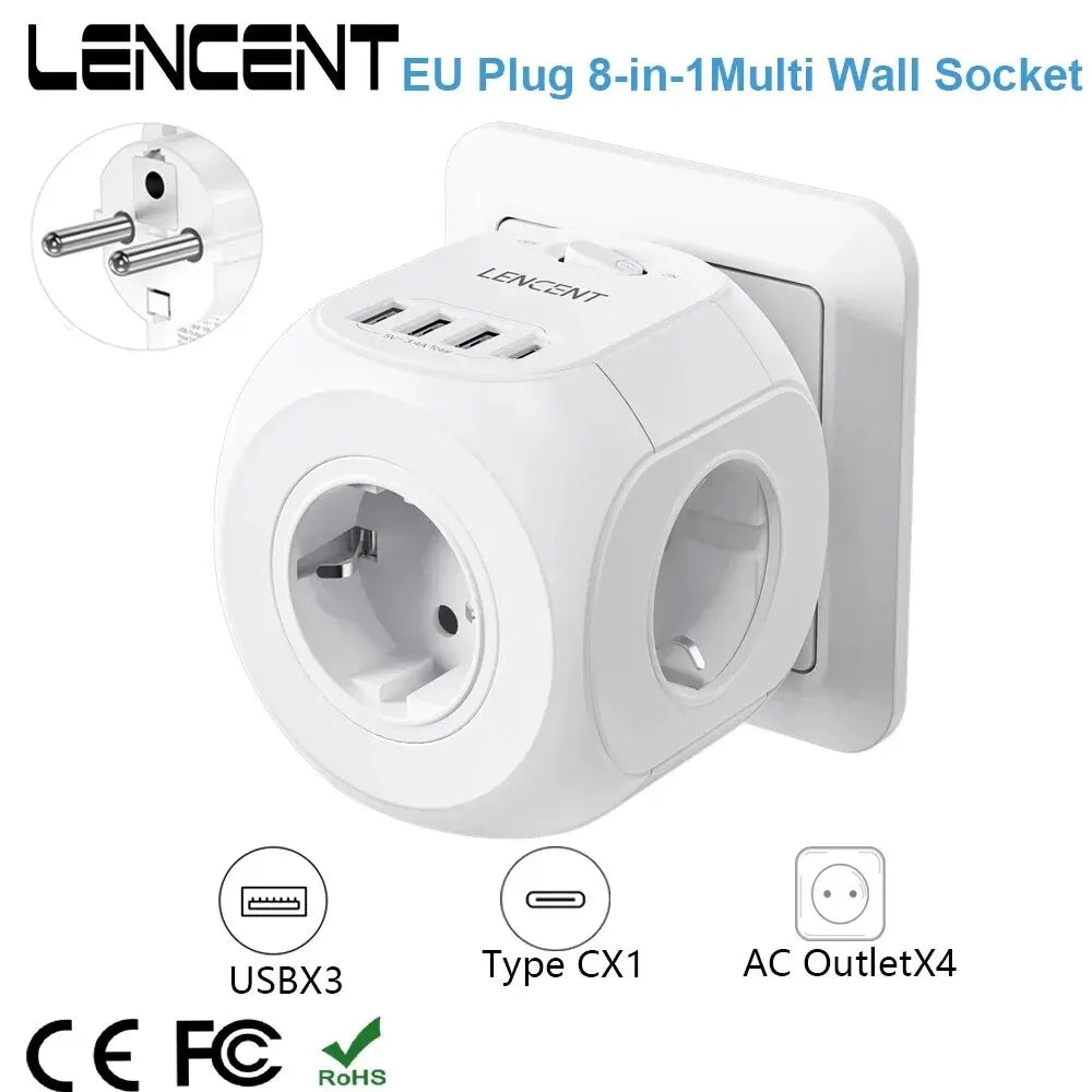 EU Plug Wall Socket Extender with 4 AC Outlets+3 USB +1 Type C 5V/3A Charger Adapter 8-In-1 Socket On/Off Switch