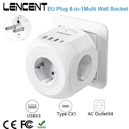 EU Plug Wall Socket Extender with 4 AC Outlets+3 USB +1 Type C 5V/3A Charger Adapter 8-In-1 Socket On/Off Switch