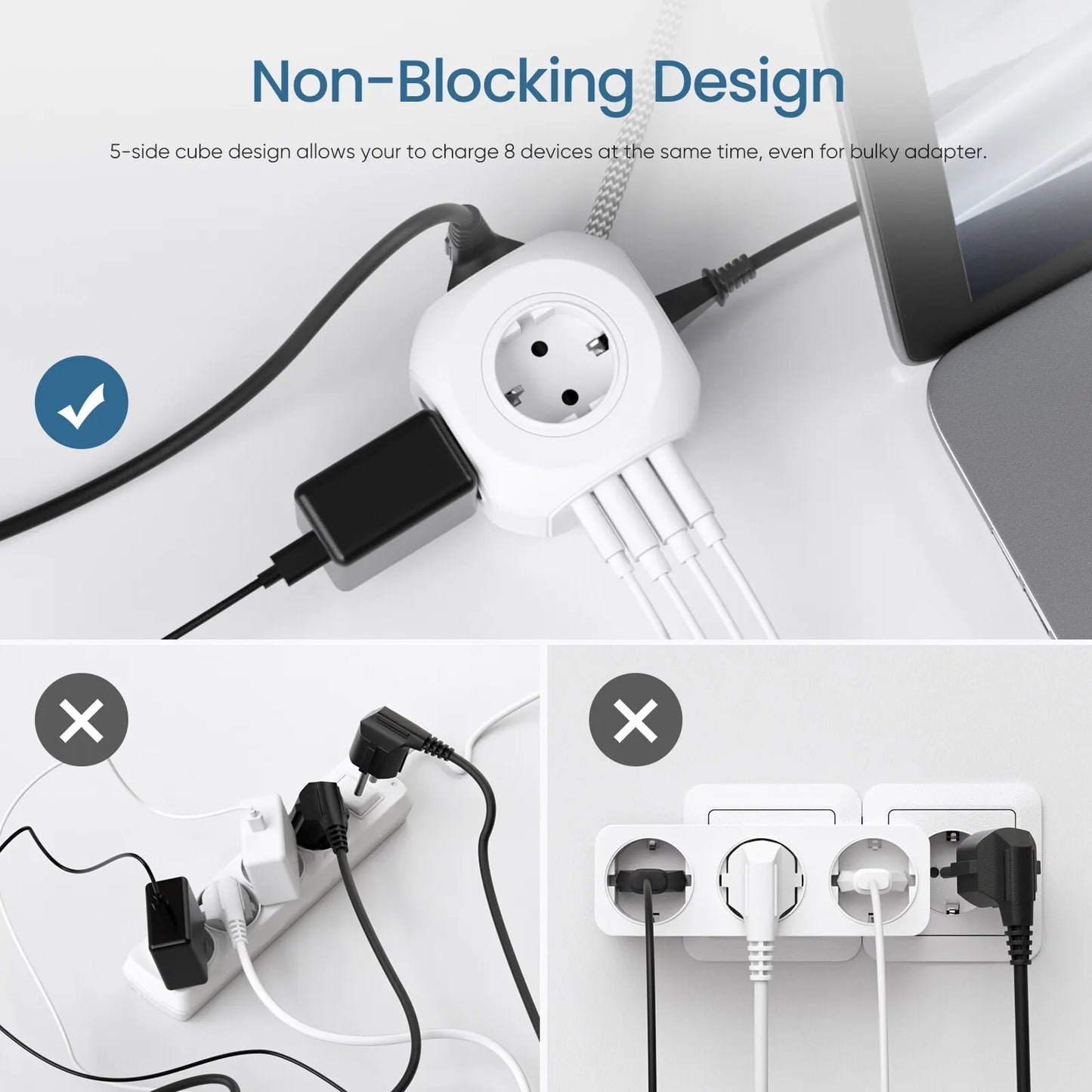 EU Plug Power Strip Cube with 4 AC Outlets 3 USB Port 1 Type C 3M Braided Cable Multi Socketr with Switch for Home