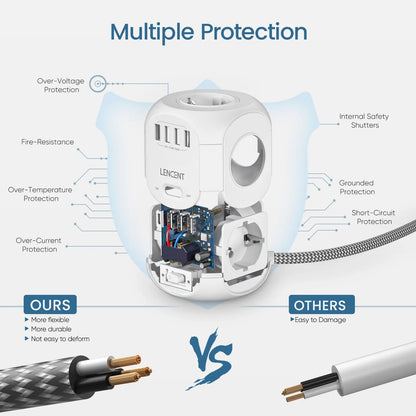 EU Plug Power Strip Cube with 4 AC Outlets 3 USB Port 1 Type C 3M Braided Cable Multi Socketr with Switch for Home