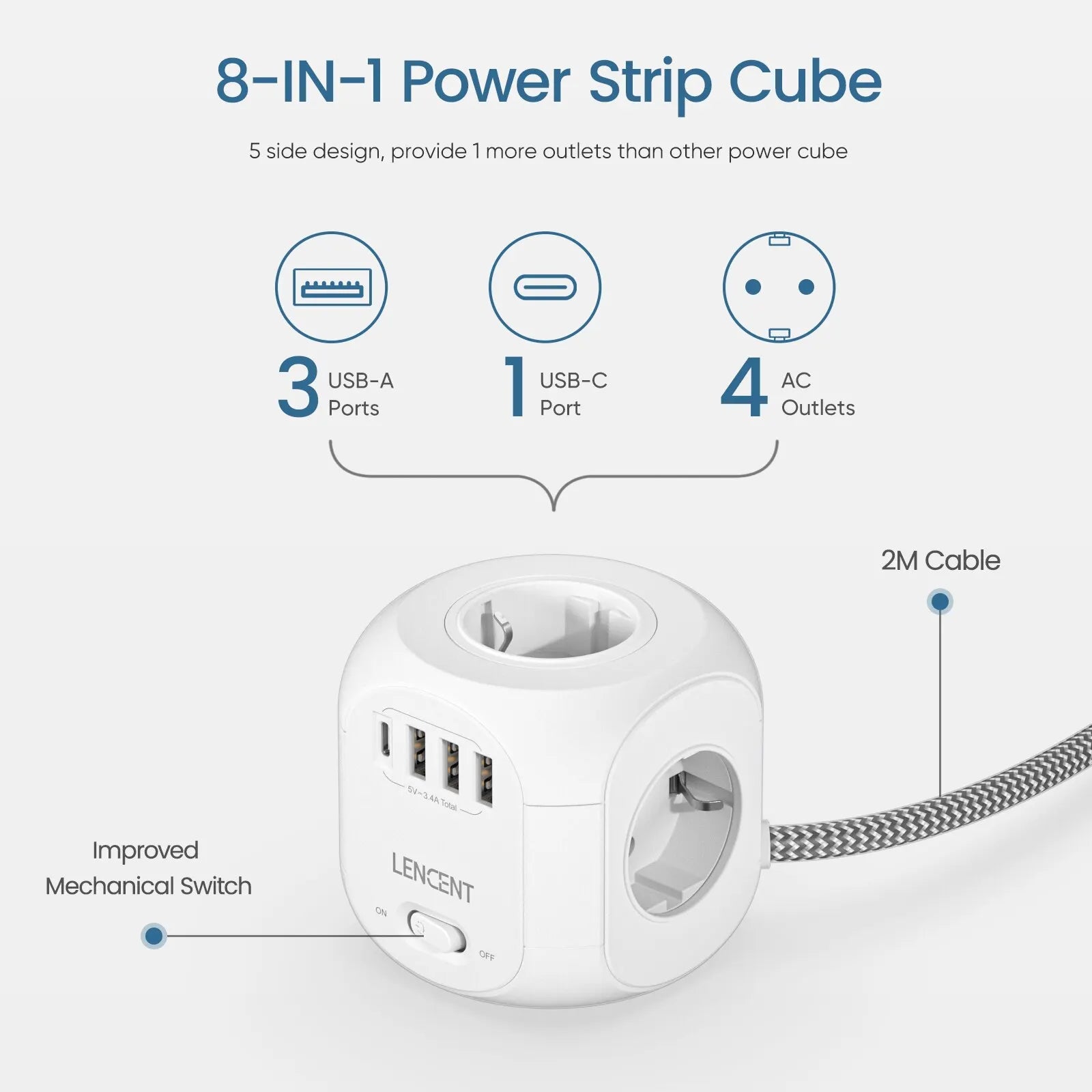 EU Plug Power Strip Cube with 4 AC Outlets 3 USB Port 1 Type C 3M Braided Cable Multi Socketr with Switch for Home