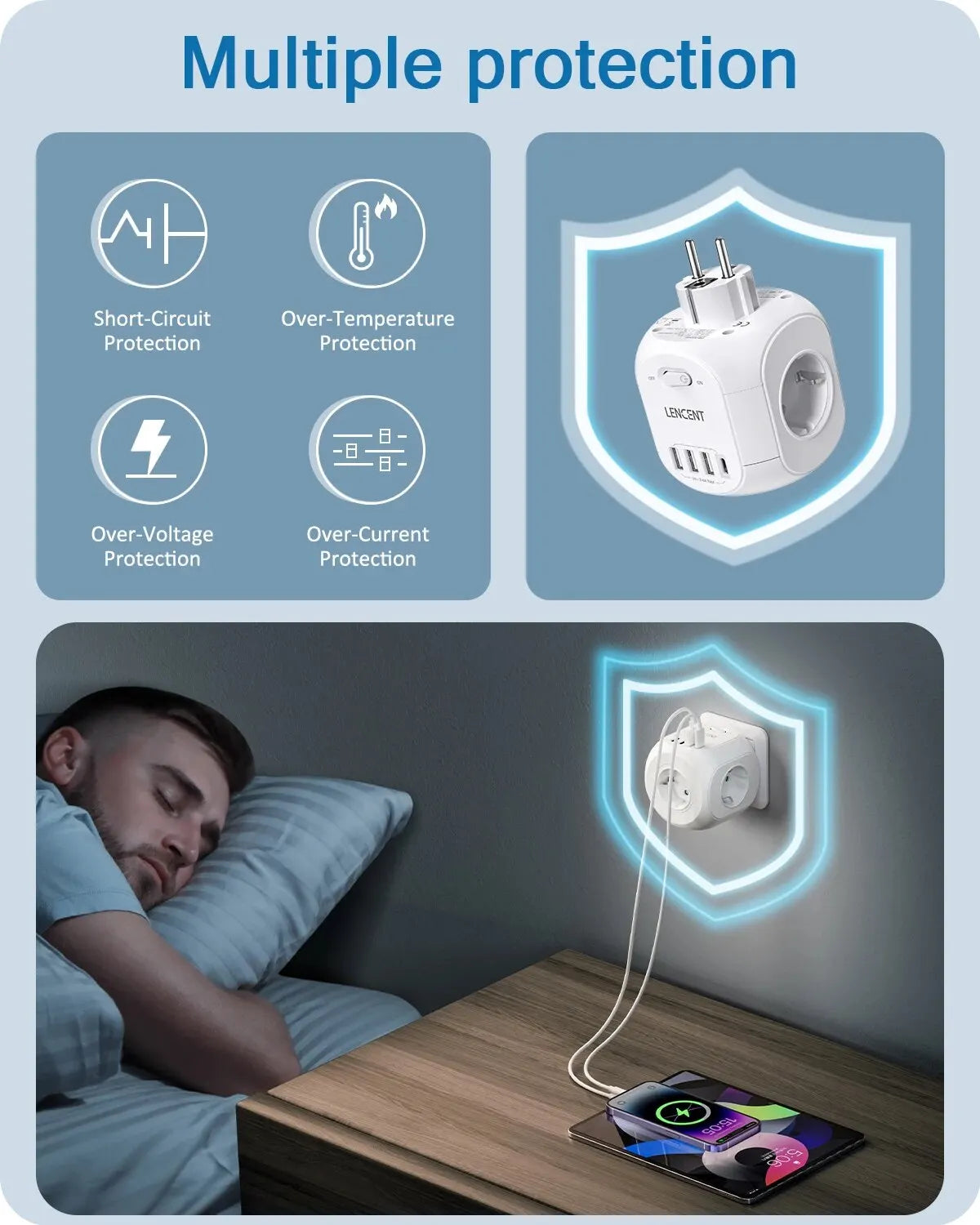 EU Plug Wall Socket Extender with 4 AC Outlets+3 USB +1 Type C 5V/3A Charger Adapter 8-In-1 Socket On/Off Switch