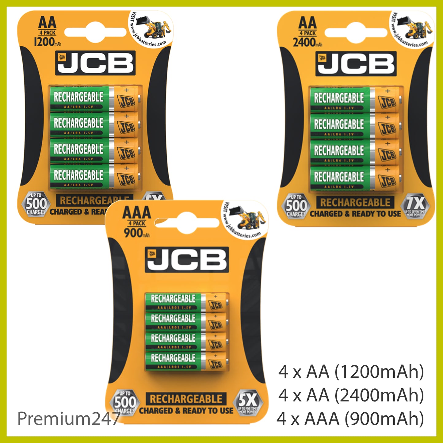 JCB Rechargeable Batteries AA AAA Nimh Pre Charged 1200 2400 900Mah NEW UK