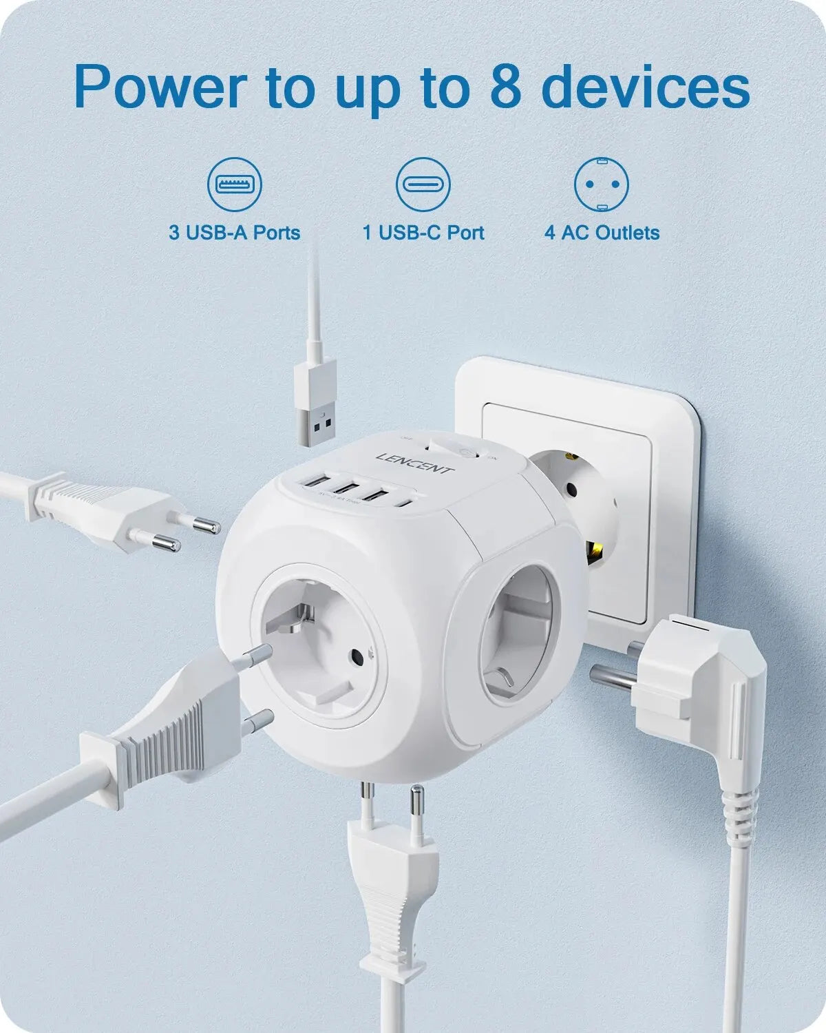 EU Plug Wall Socket Extender with 4 AC Outlets+3 USB +1 Type C 5V/3A Charger Adapter 8-In-1 Socket On/Off Switch