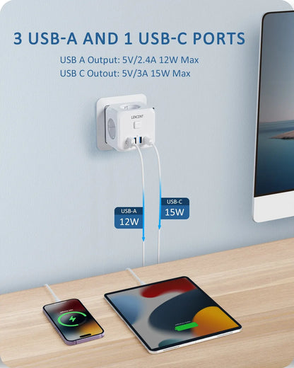 Wall Socket Extender with 3 AC Outlets 3 USB Ports And1 Type C 7-In-1 EU Plug Charger On/Off Switch for Home