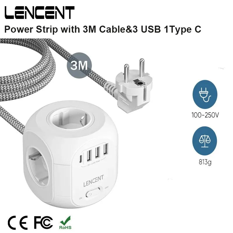 EU Plug Power Strip Cube with 4 AC Outlets 3 USB Port 1 Type C 3M Braided Cable Multi Socketr with Switch for Home