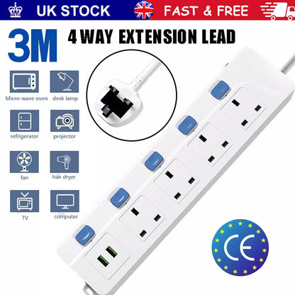 Surge Protected Extension Lead 4 Gang with 2 USB Way Power Cable Plug Sockets