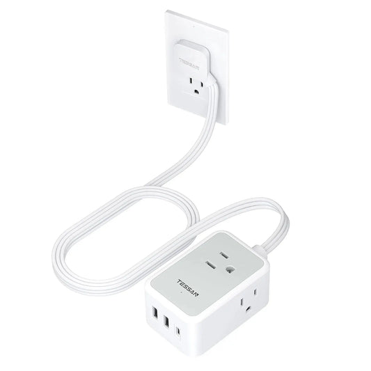 Small Flat Plug Power Strip with 3 Outlets +2 USB Ports +1 Type C 6 in 1 Travel Socket with 5Ft Ultra Thin Extension Cord