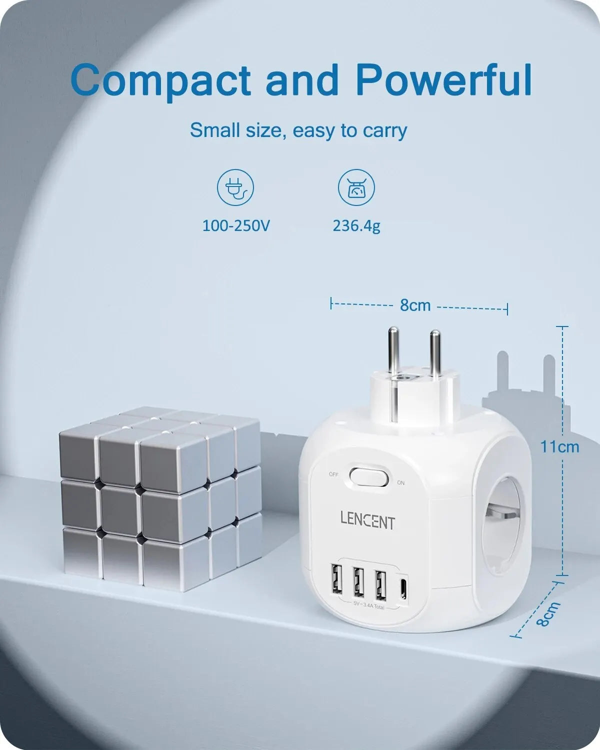 EU Plug Wall Socket Extender with 4 AC Outlets+3 USB +1 Type C 5V/3A Charger Adapter 8-In-1 Socket On/Off Switch