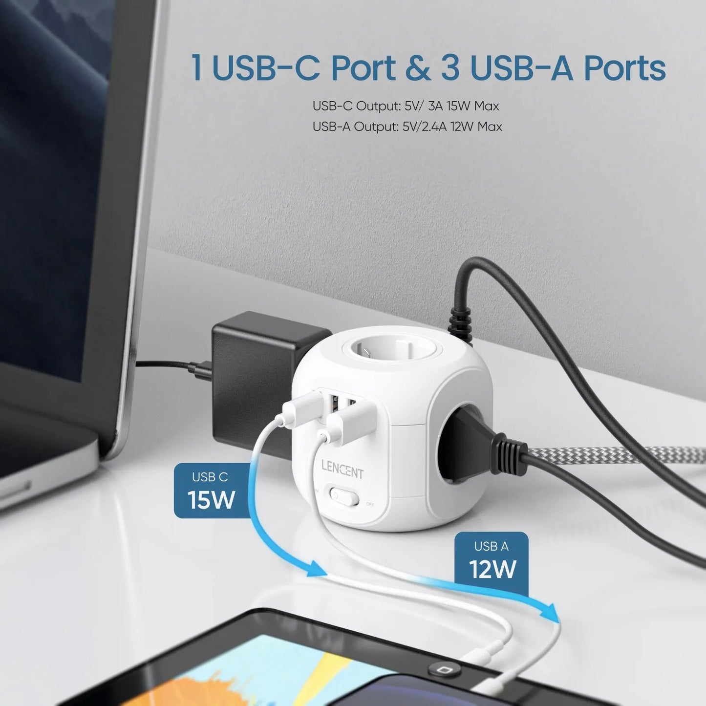 EU Plug Power Strip Cube with 4 AC Outlets 3 USB Port 1 Type C 3M Braided Cable Multi Socketr with Switch for Home