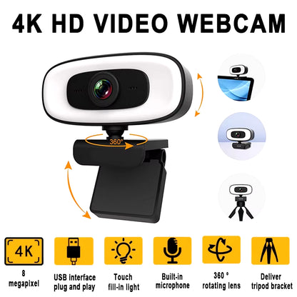 Webcam Mini 4K USB Computer 2K Webcam Full HD 1080P Web for Work with Microphone Tripod for PC Laptops Live Streaming Camera