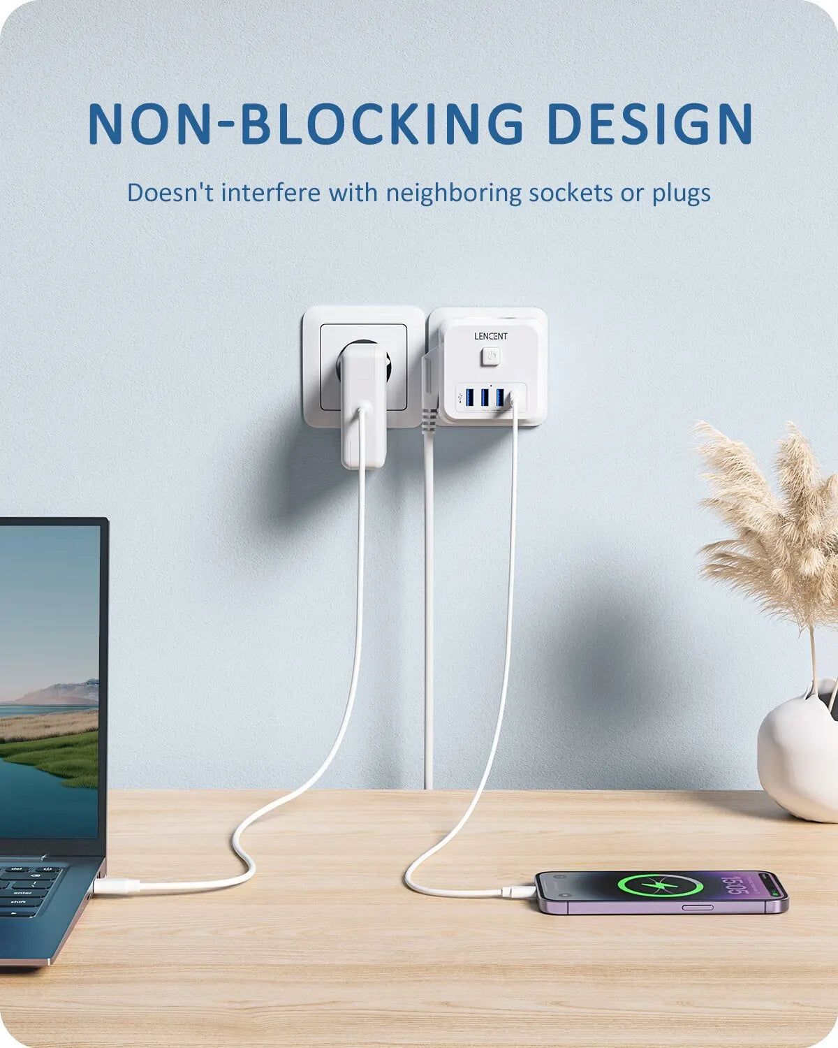 Wall Socket Extender with 3 AC Outlets 3 USB Ports And1 Type C 7-In-1 EU Plug Charger On/Off Switch for Home