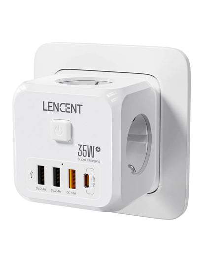 Wall Socket Extender with 3 AC Outlets 3 USB Ports And1 Type C 7-In-1 EU Plug Charger On/Off Switch for Home